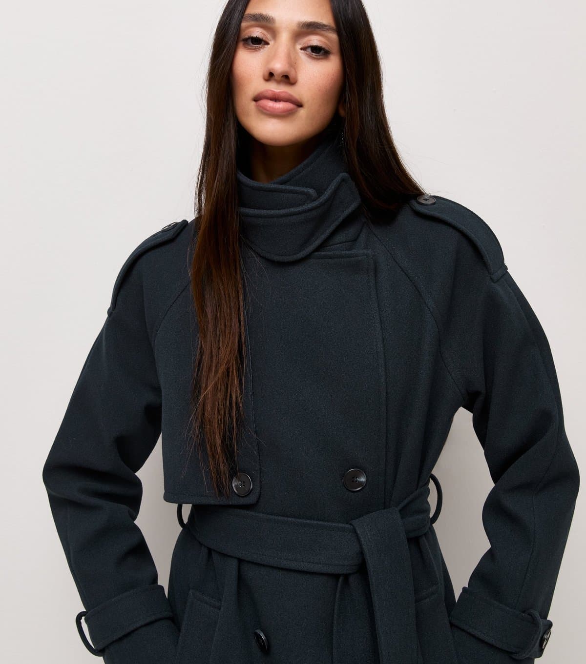 New Look Women's Navy Belted Double Breasted Funnel Neck Coat New Look