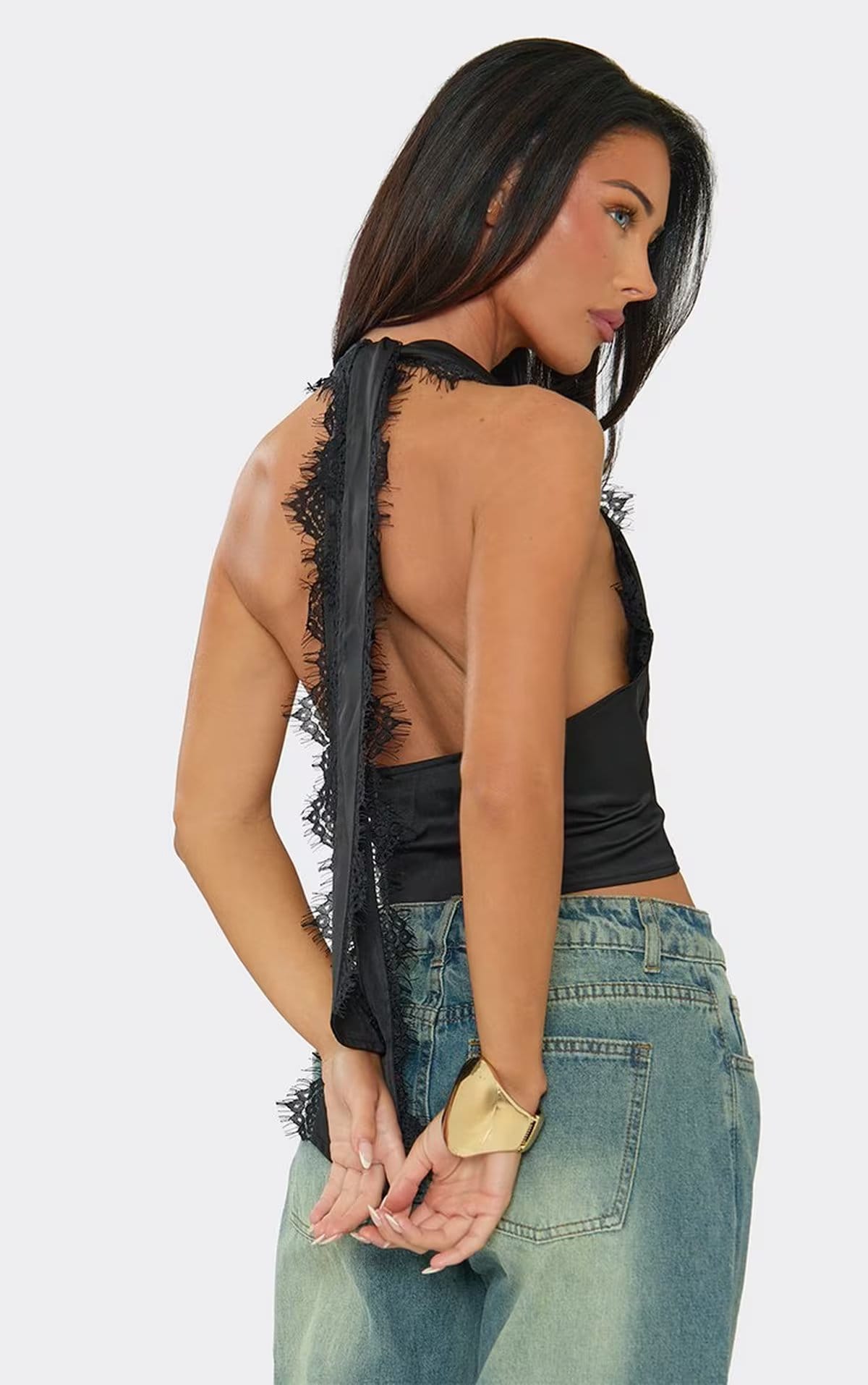 EGO Drape Halterneck Cowl Neck Plunge Front Lace Trim Top In Black Satin, Women's Size UK 6 - 1