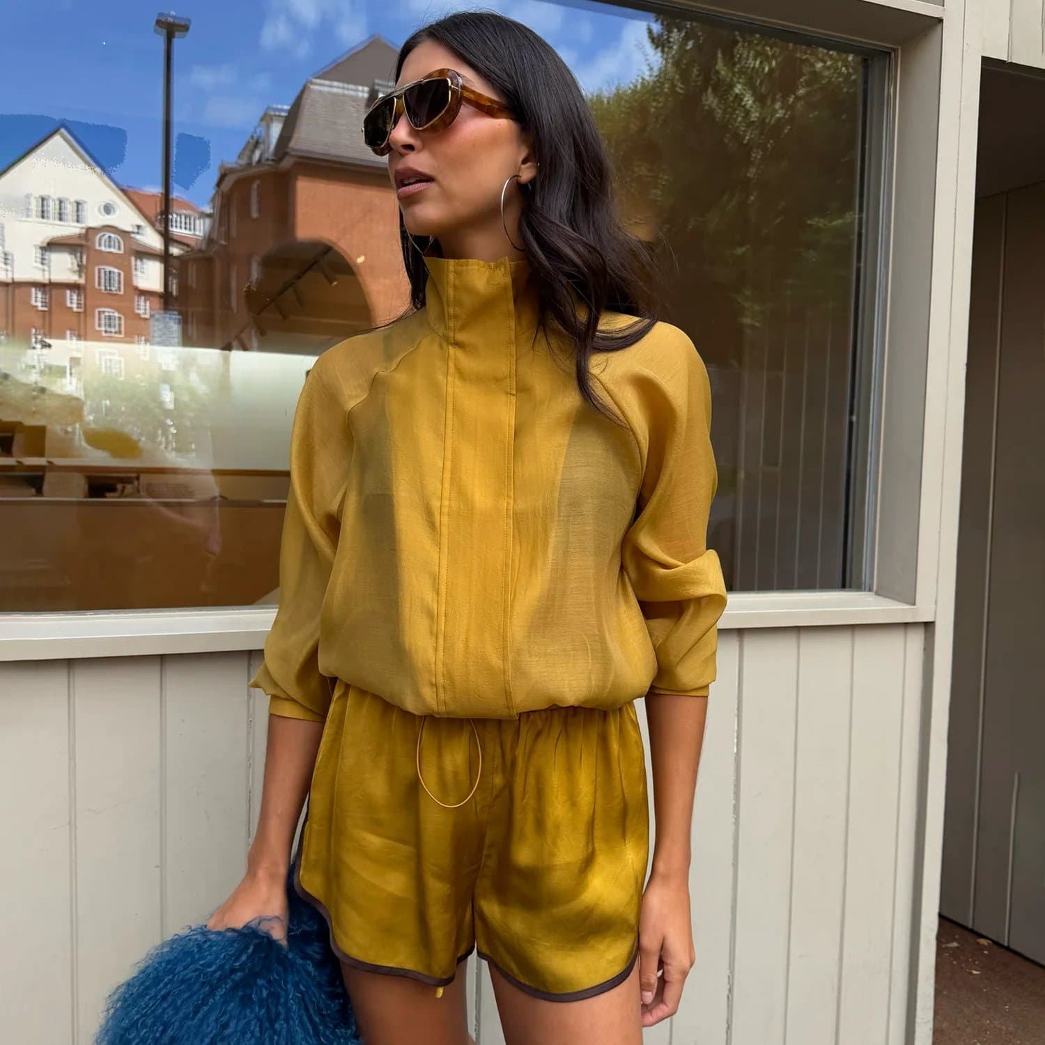 Never Fully Dressed Olive Organza Funnel Neck Jacket