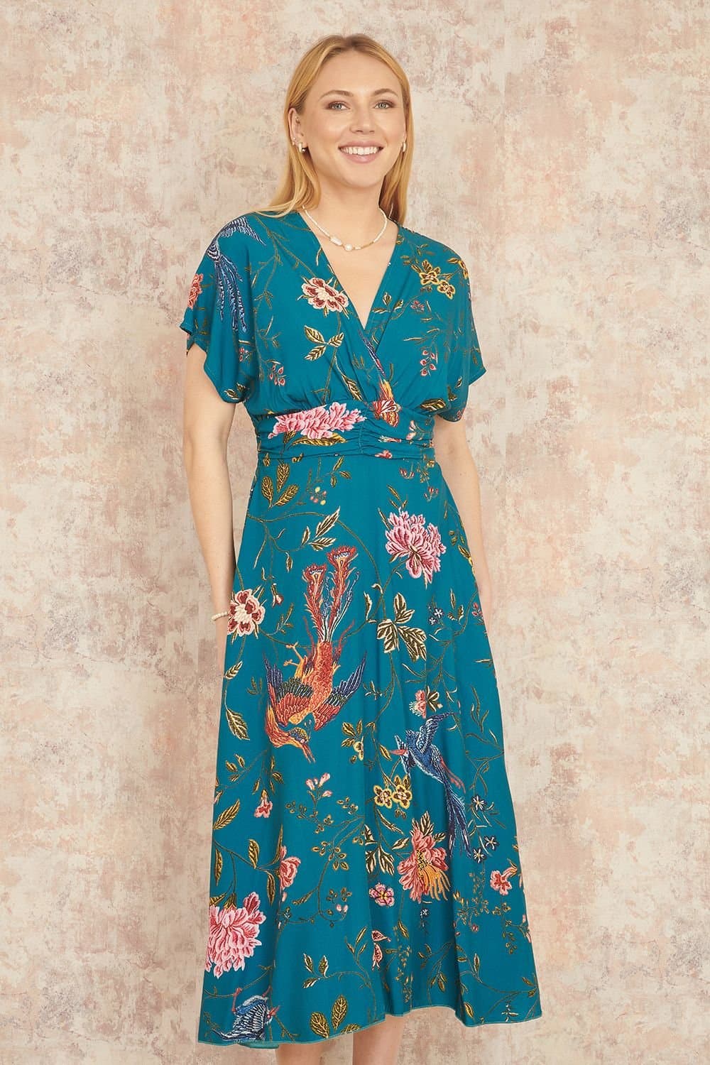 Yumi Yumi Women's Teal Bird & Floral Print Ruched Waist Kimono Midi Dress