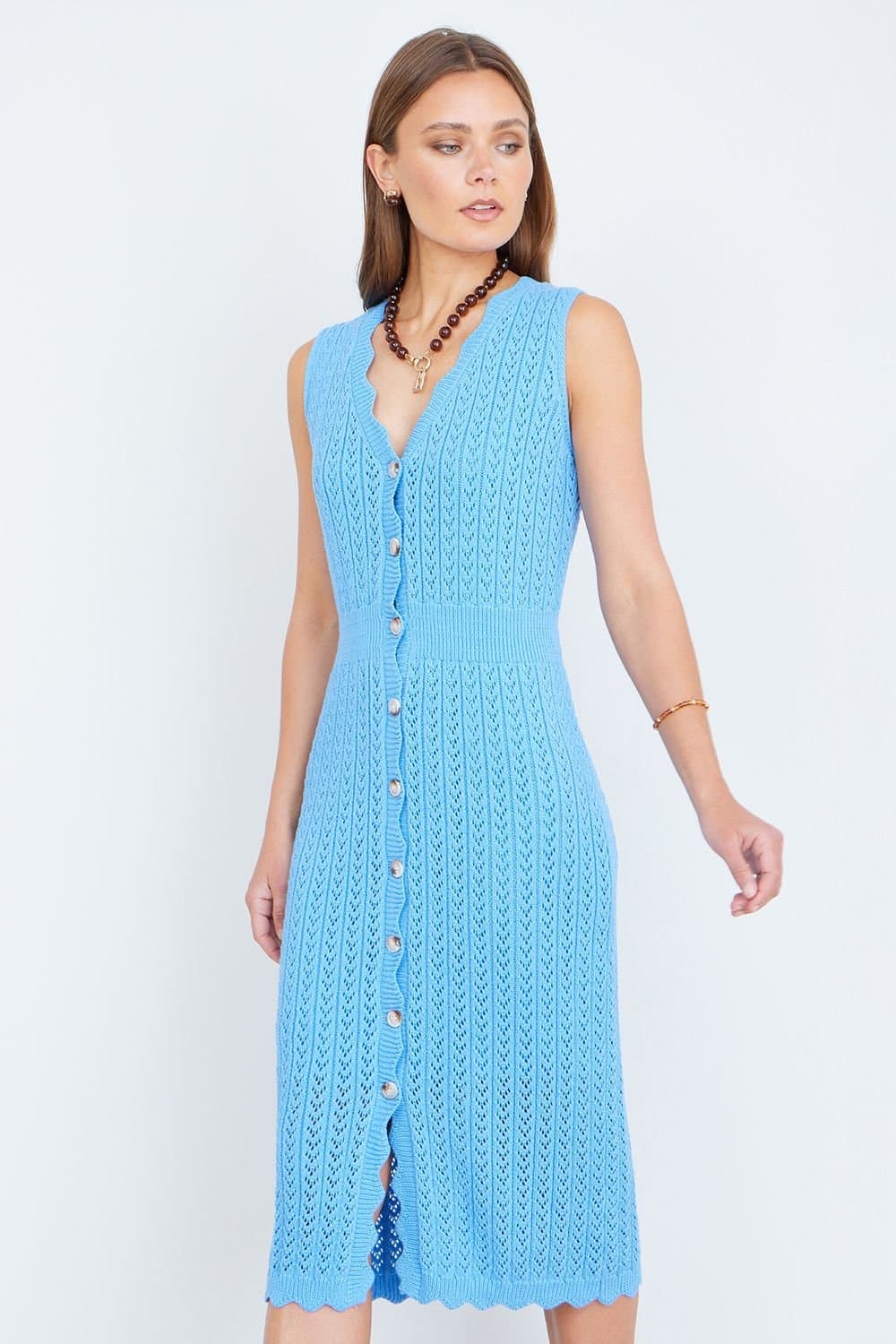 Yumi Yumi Women's Blue Scallop Edge Crochet Knitted Midi Dress