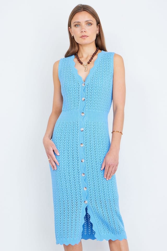 Yumi Yumi Women's Blue Scallop Edge Crochet Knitted Midi Dress - 2