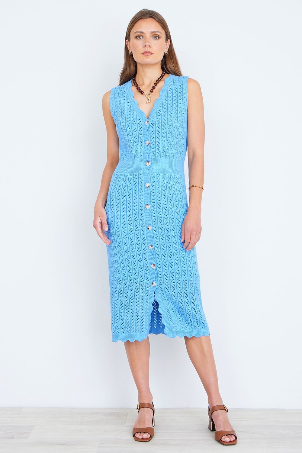 Yumi Yumi Women's Blue Scallop Edge Crochet Knitted Midi Dress - 3