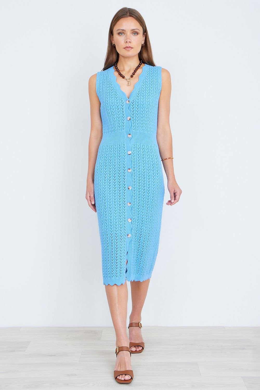 Yumi Yumi Women's Blue Scallop Edge Crochet Knitted Midi Dress - 4
