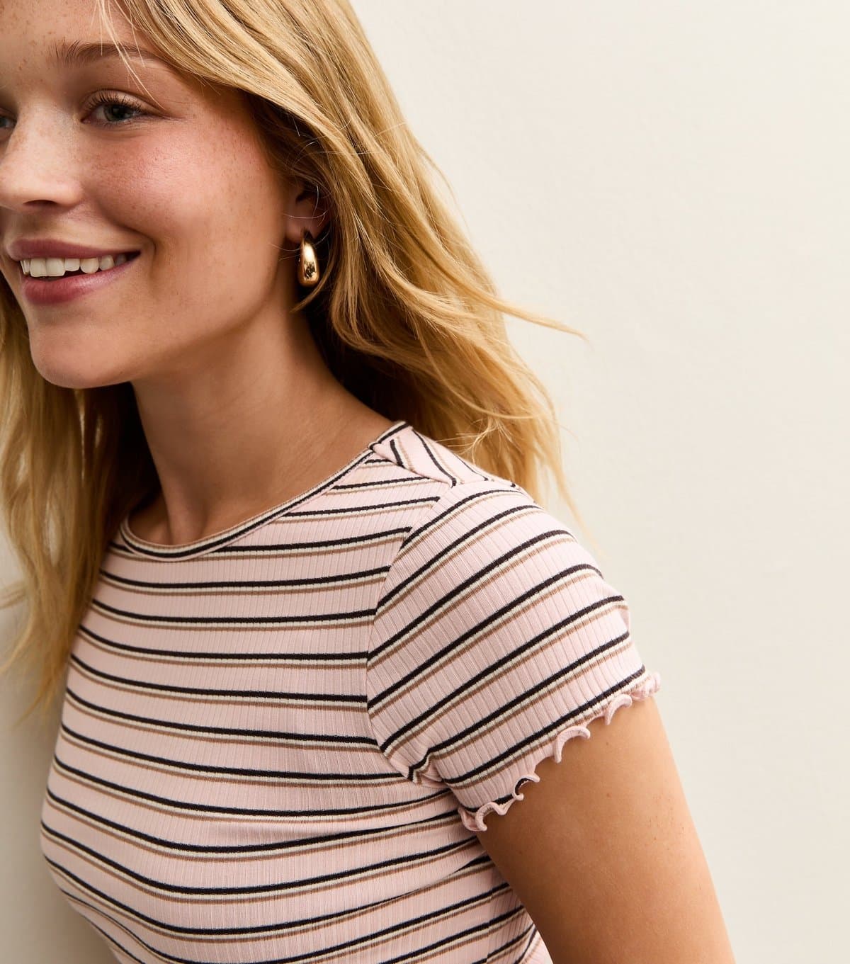 New Look Women's Light Pink Striped Frilly Hem Baby Tee New Look