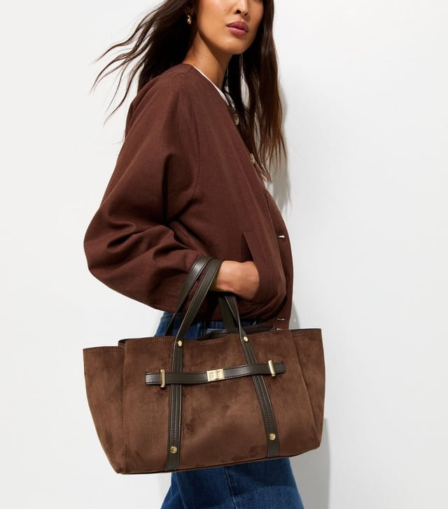 New Look Dark Brown Faux Suede Triple Compartment Tote Bag New Look - 2