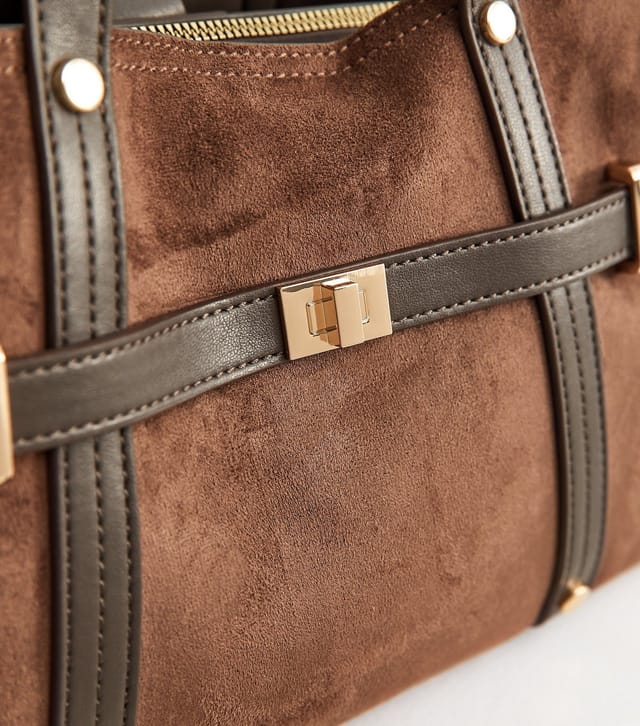 New Look Dark Brown Faux Suede Triple Compartment Tote Bag New Look - 3