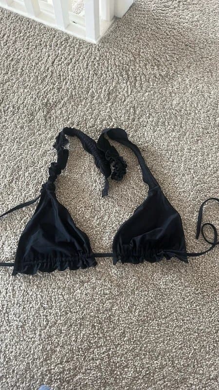 PrettyLittleThing PLT black frill ruffle bikini triangle top