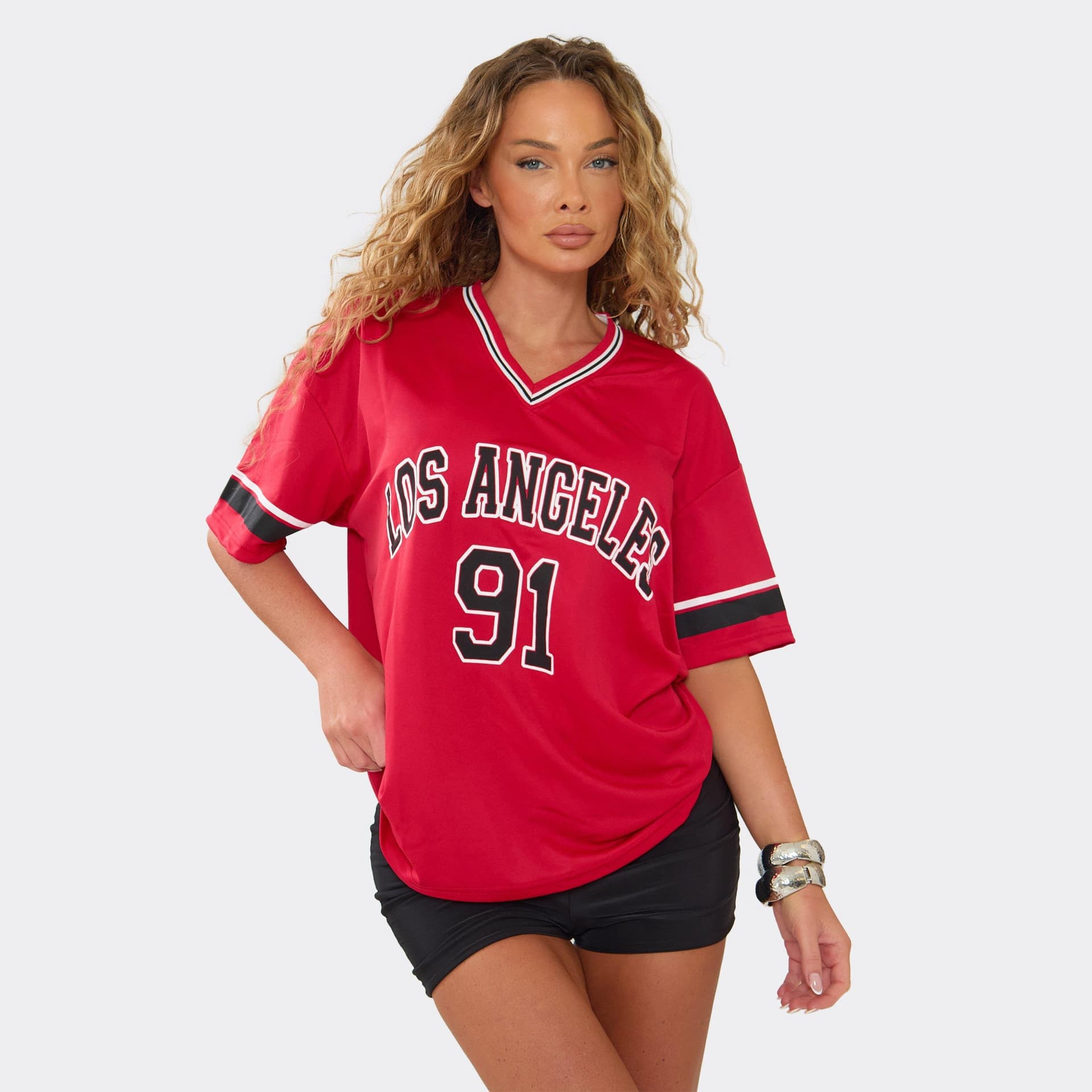 EGO Short Sleeve V Neck Graphic Detail Jersey Top In Red, Women's Size UK M/L