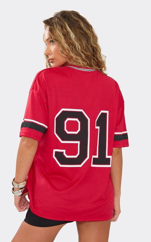 EGO Short Sleeve V Neck Graphic Detail Jersey Top In Red, Women's Size UK M/L - 2