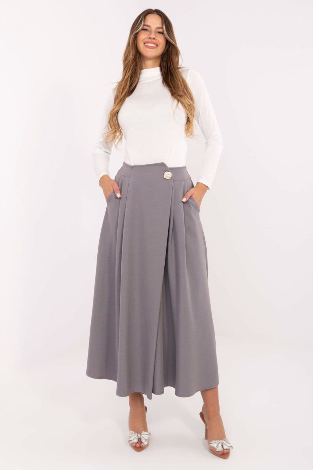 Love Lace Love Lace Women's Elastic Waist Pleated Midi Skirt with Pockets Style 219352 in Grey