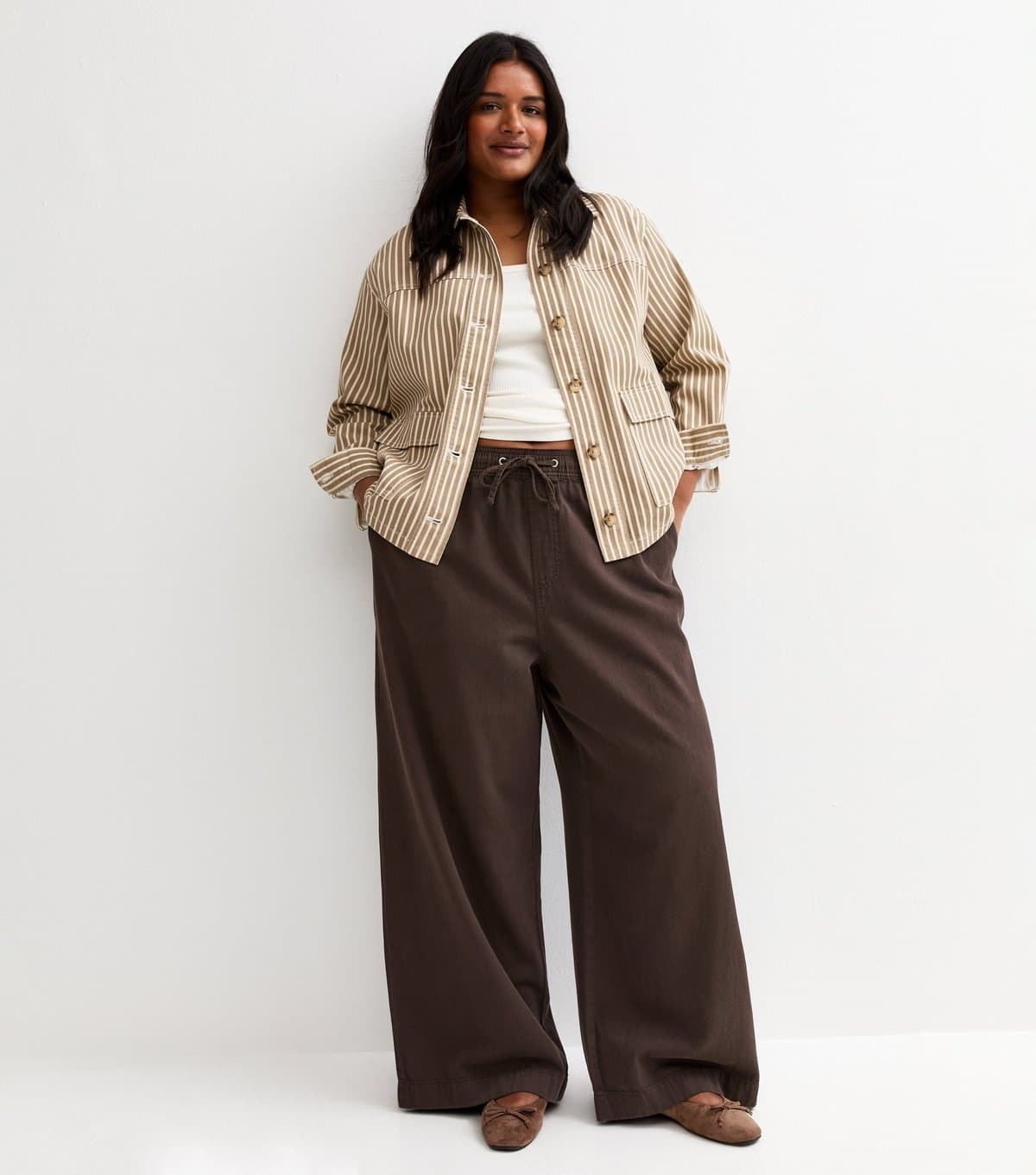 New Look Women's Plus Size Dark Brown Cotton Twill Wide Leg Trousers Curves New Look