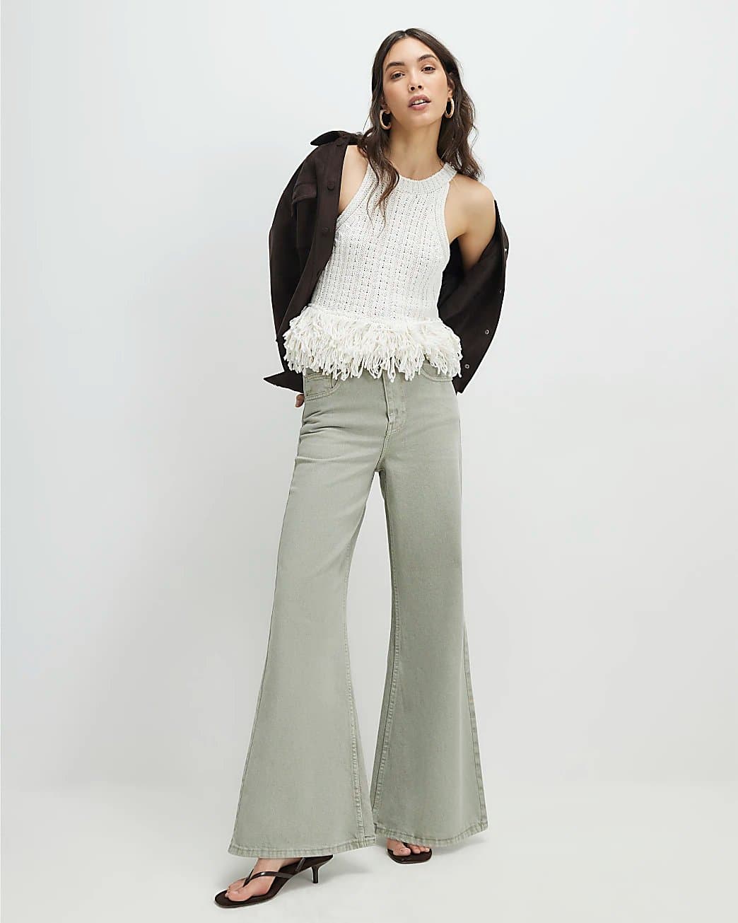 River Island River Island Womens Green High Waisted Wide Flared Leg Jeans
