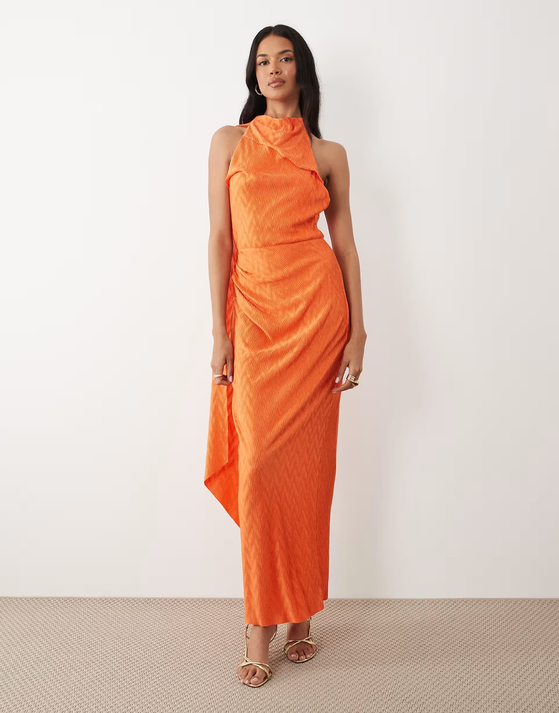 ASOS ASOS DESIGN zigzag plisse scarf neck maxi dress in orange