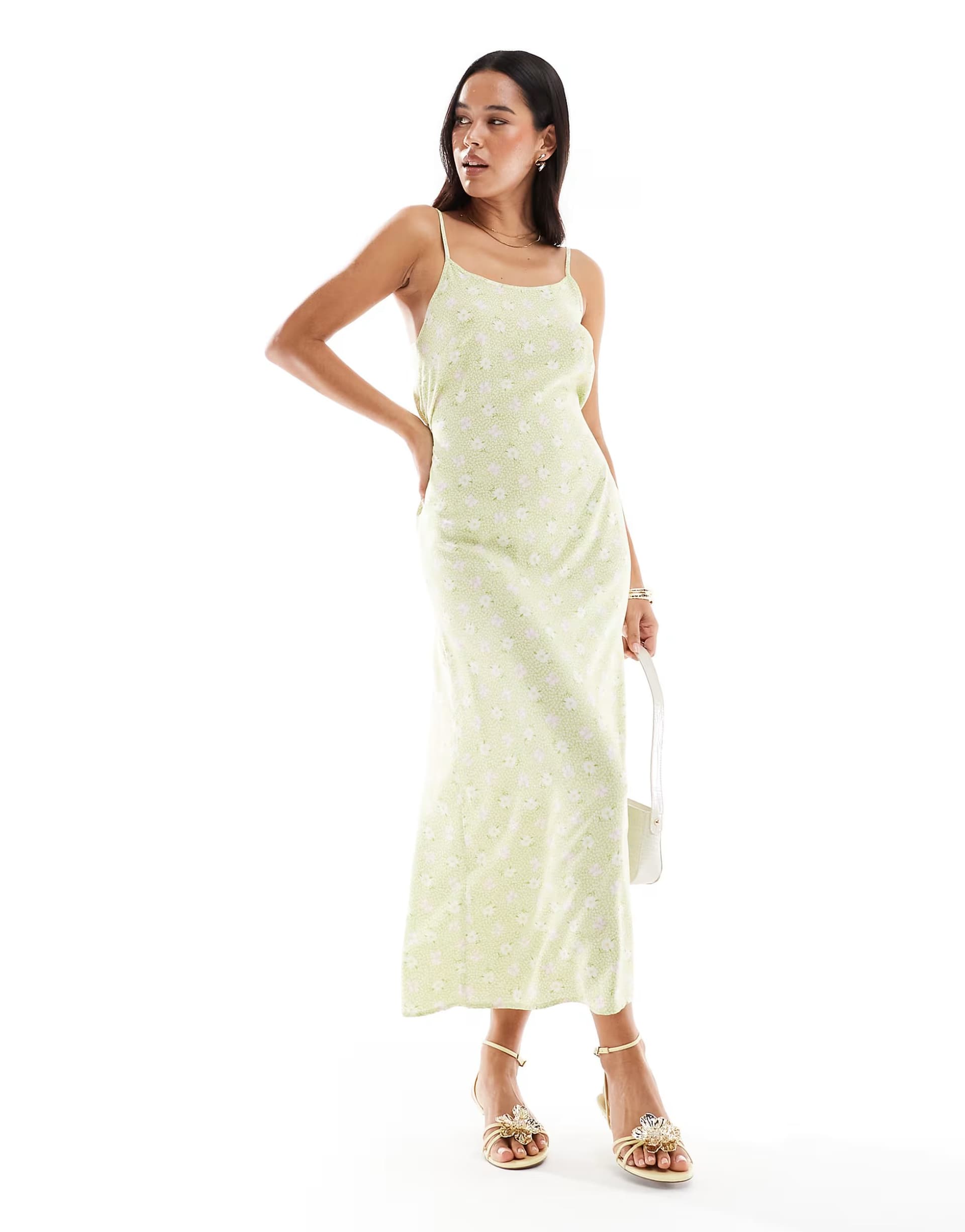 ASOS Miss Selfridge strappy scoop neck maxi slip dress in green ditsy