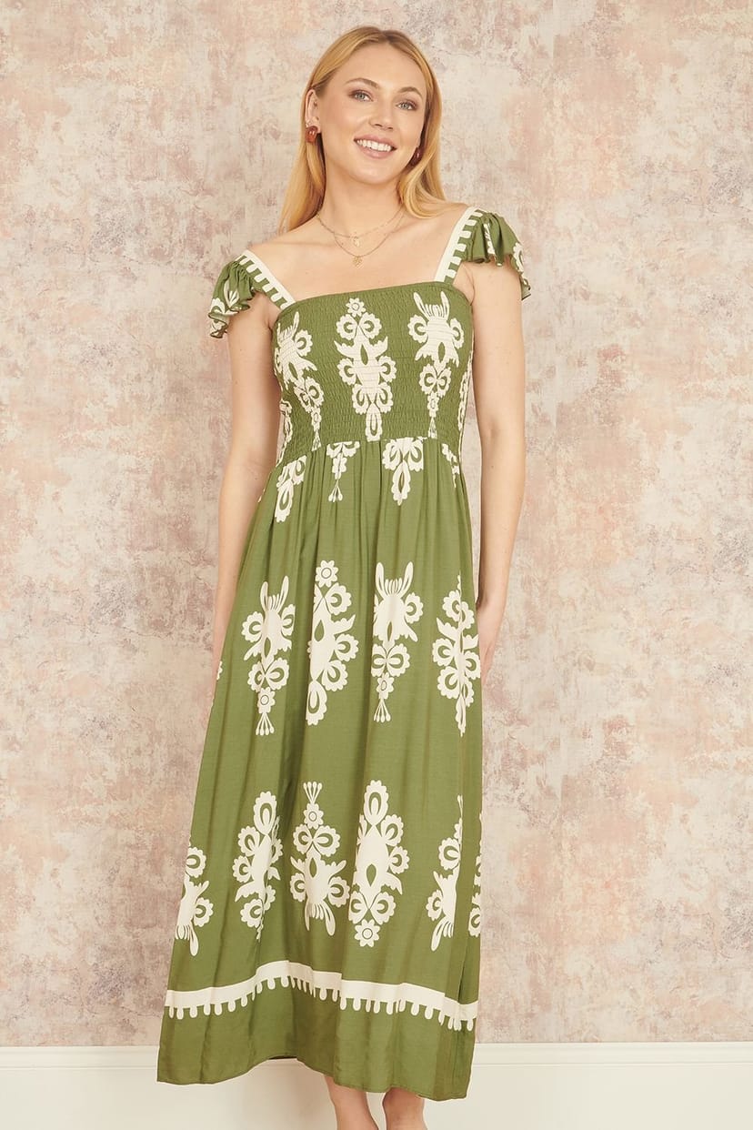 Yumi Yumi Women's Green Block Print Ruched Maxi Dress - 1
