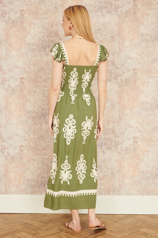 Yumi Yumi Women's Green Block Print Ruched Maxi Dress - 3