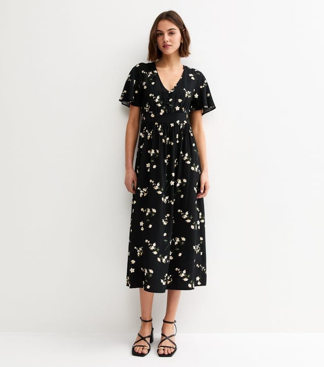 New Look Women's Black Floral Flutter Sleeve Midi Dress New Look - 3