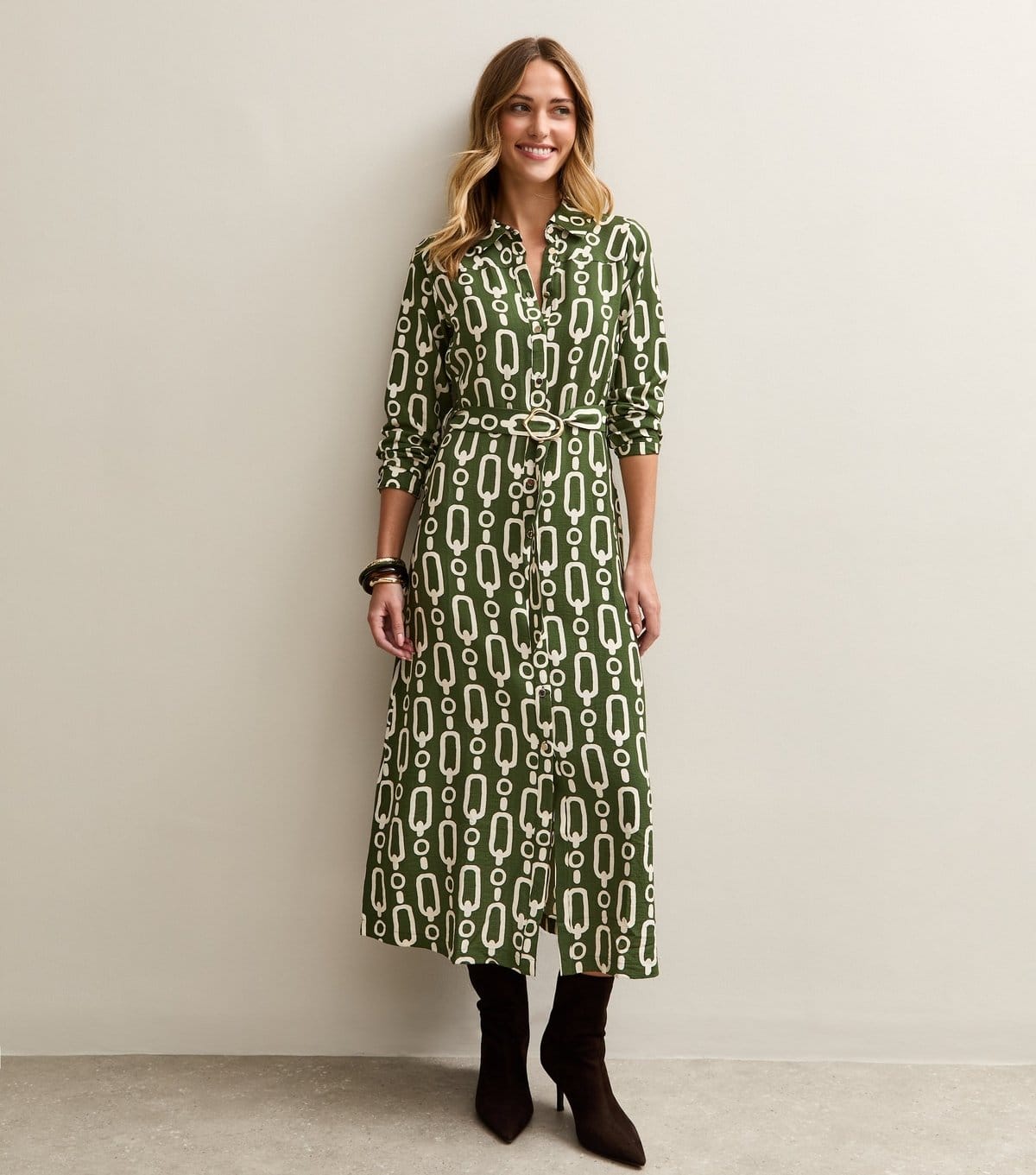 New Look Green Graphic Print Midi Shirt Dress