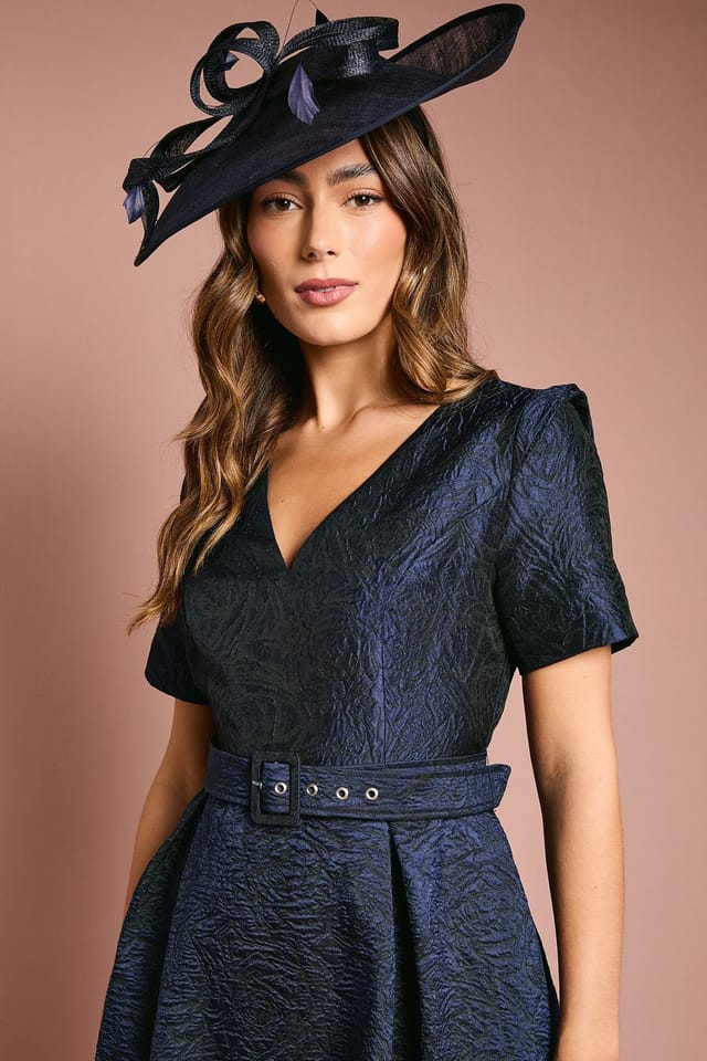 Coast Coast Women's Short Sleeve Jacquard Midi Dress With Belt in Navy - 3