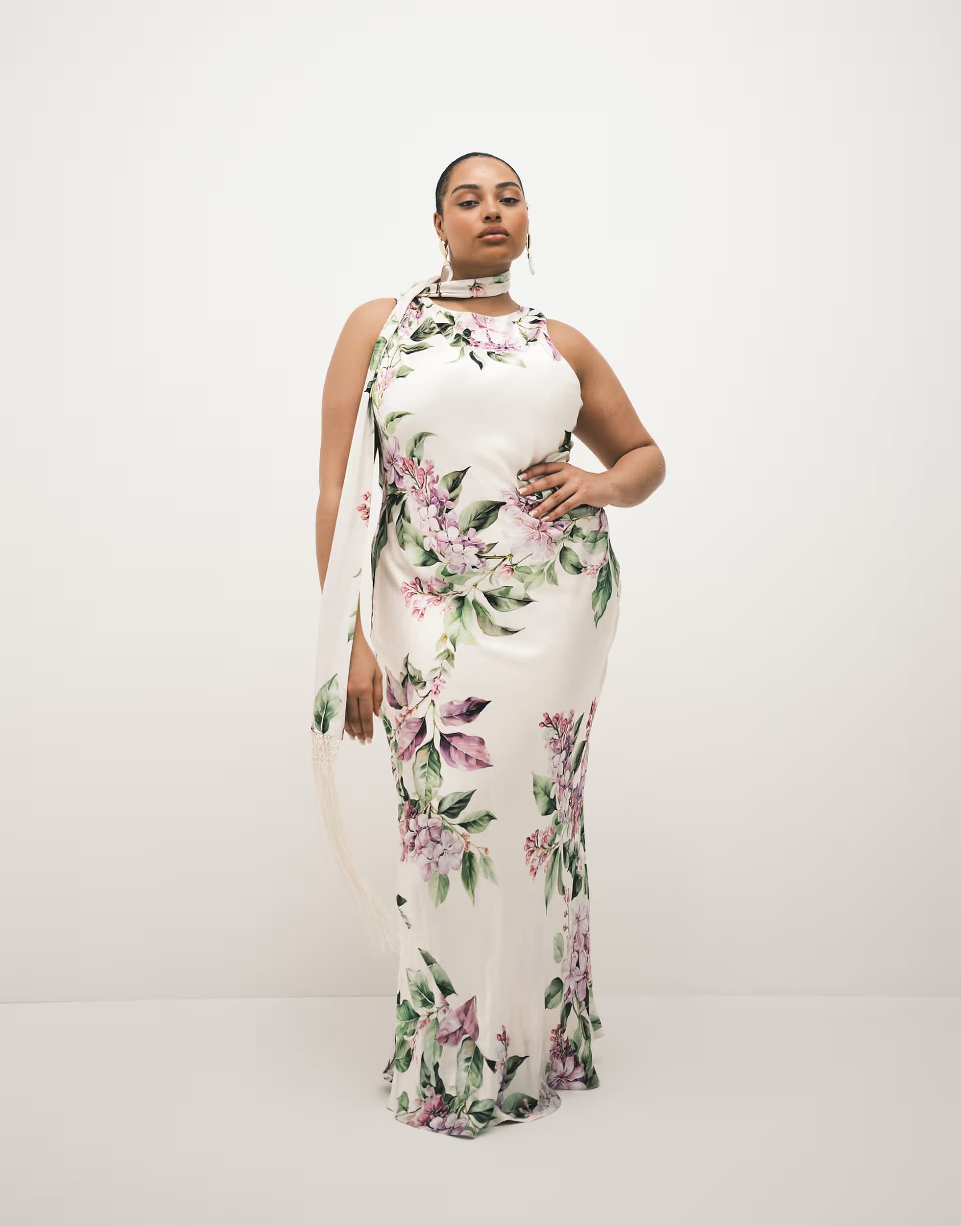 ASOS Forever New Curve tassel scarf satin maxi in ivory floral print