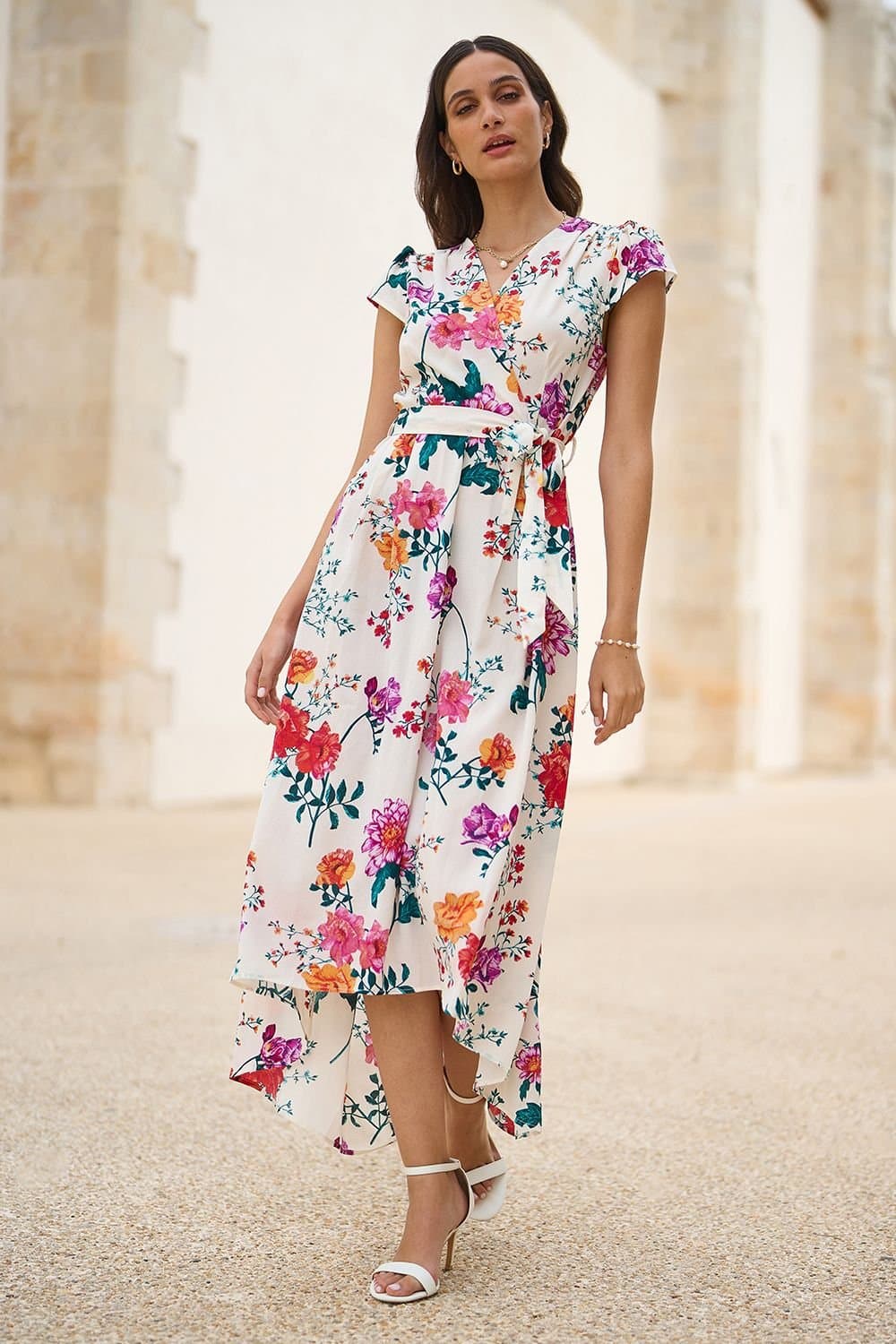 Yumi Yumi Women's Ivory Flower Print Wrap Midi Dress
