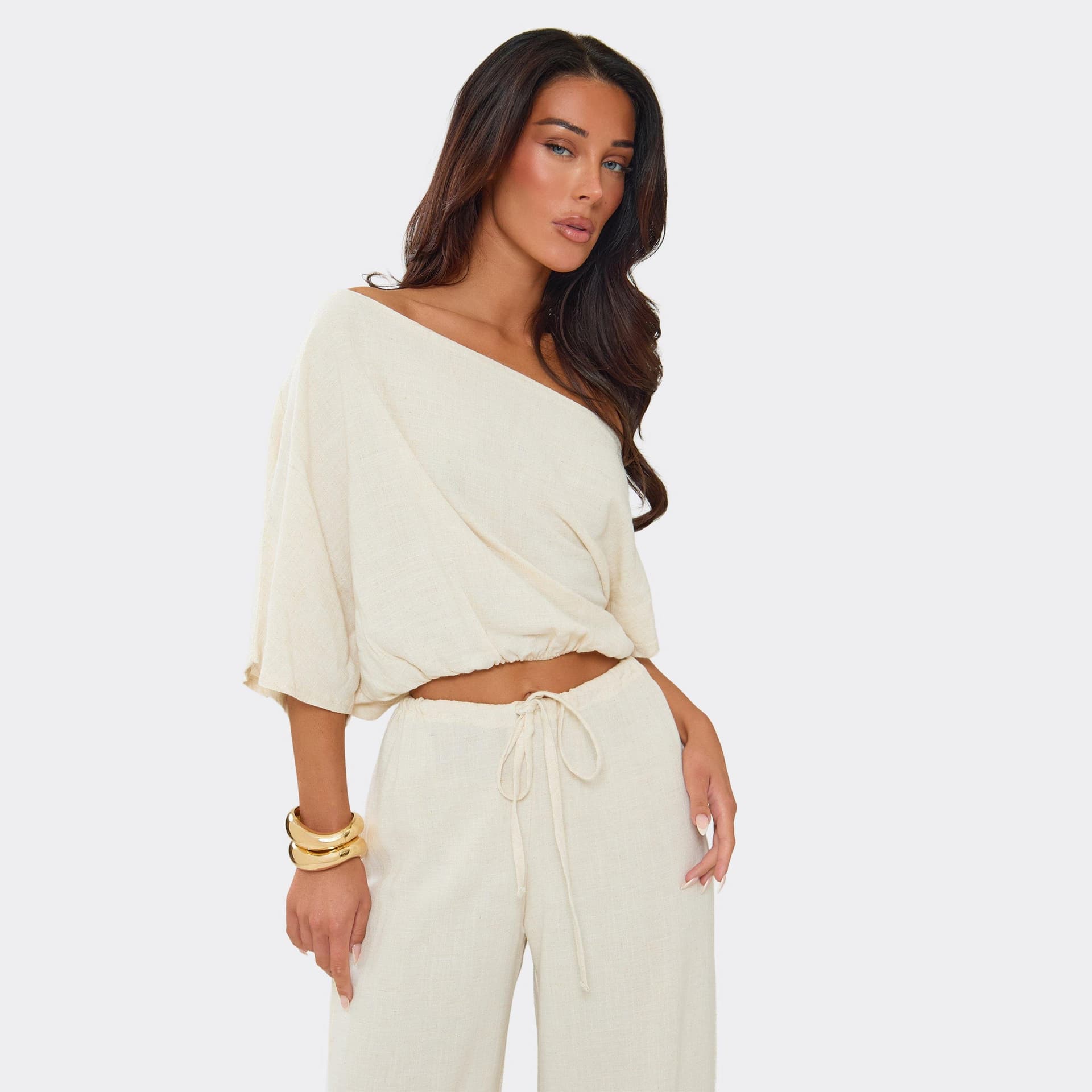 EGO Off The Shoulder Top In Stone Linen., Women's Size UK 4