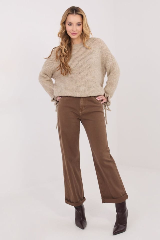 Love Lace Love Lace Women's Round Neck Casual Sweater with Sleeve Ties in Beige - 2