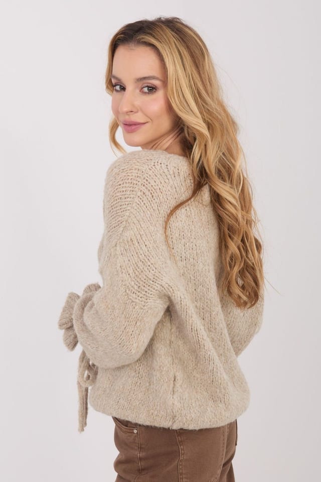 Love Lace Love Lace Women's Round Neck Casual Sweater with Sleeve Ties in Beige - 3