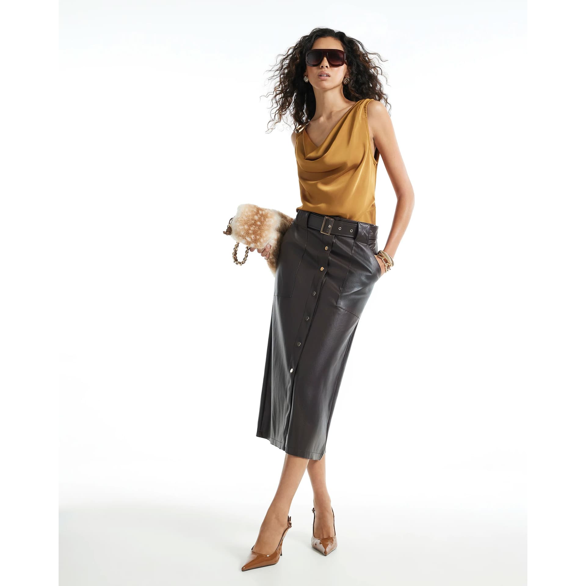 River Island River Island Womens Brown Faux Leather Utility Belted Midi Skirt