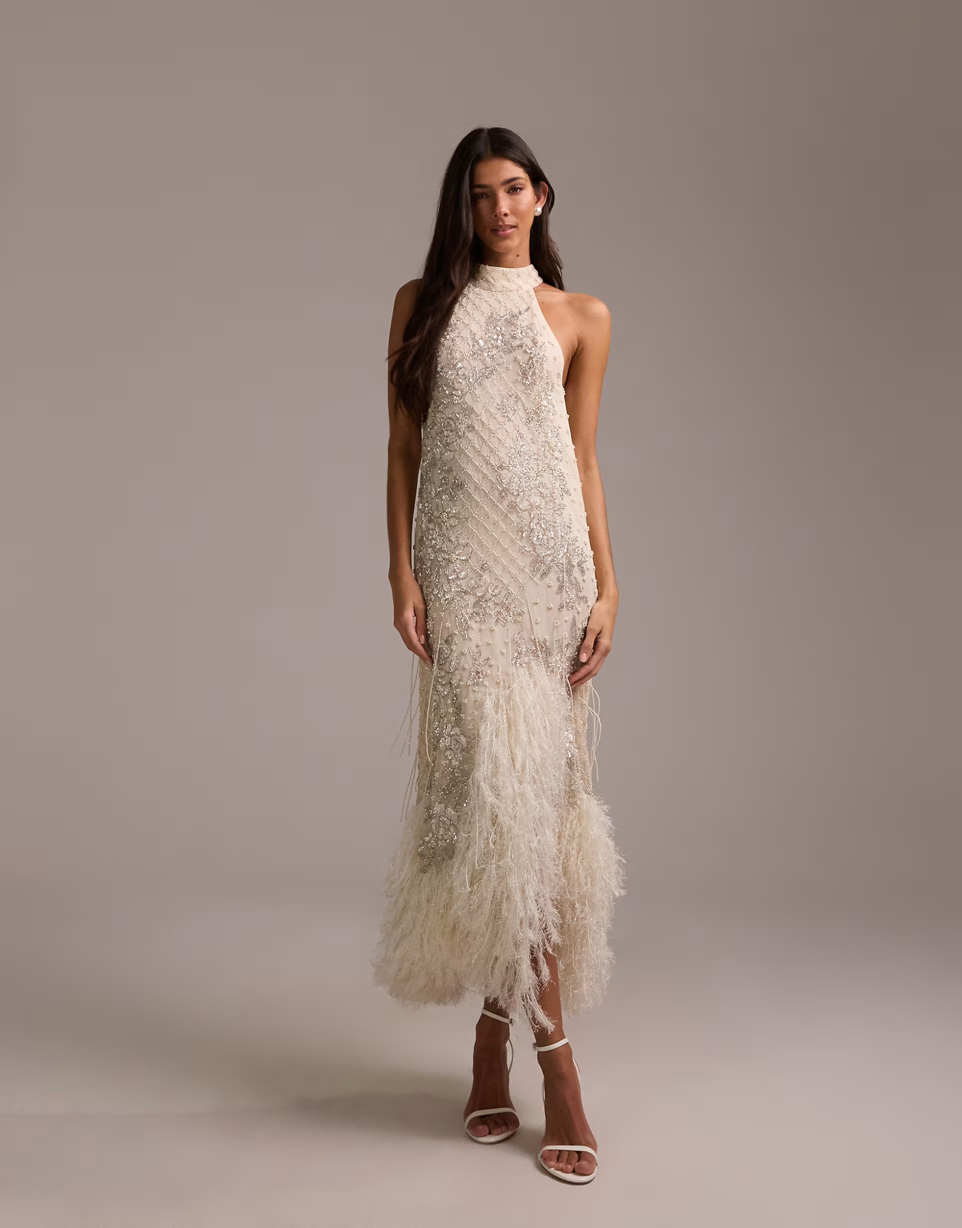 ASOS ASOS DESIGN floral embellished halter maxi wedding dress with fringe hem in ivory - 1