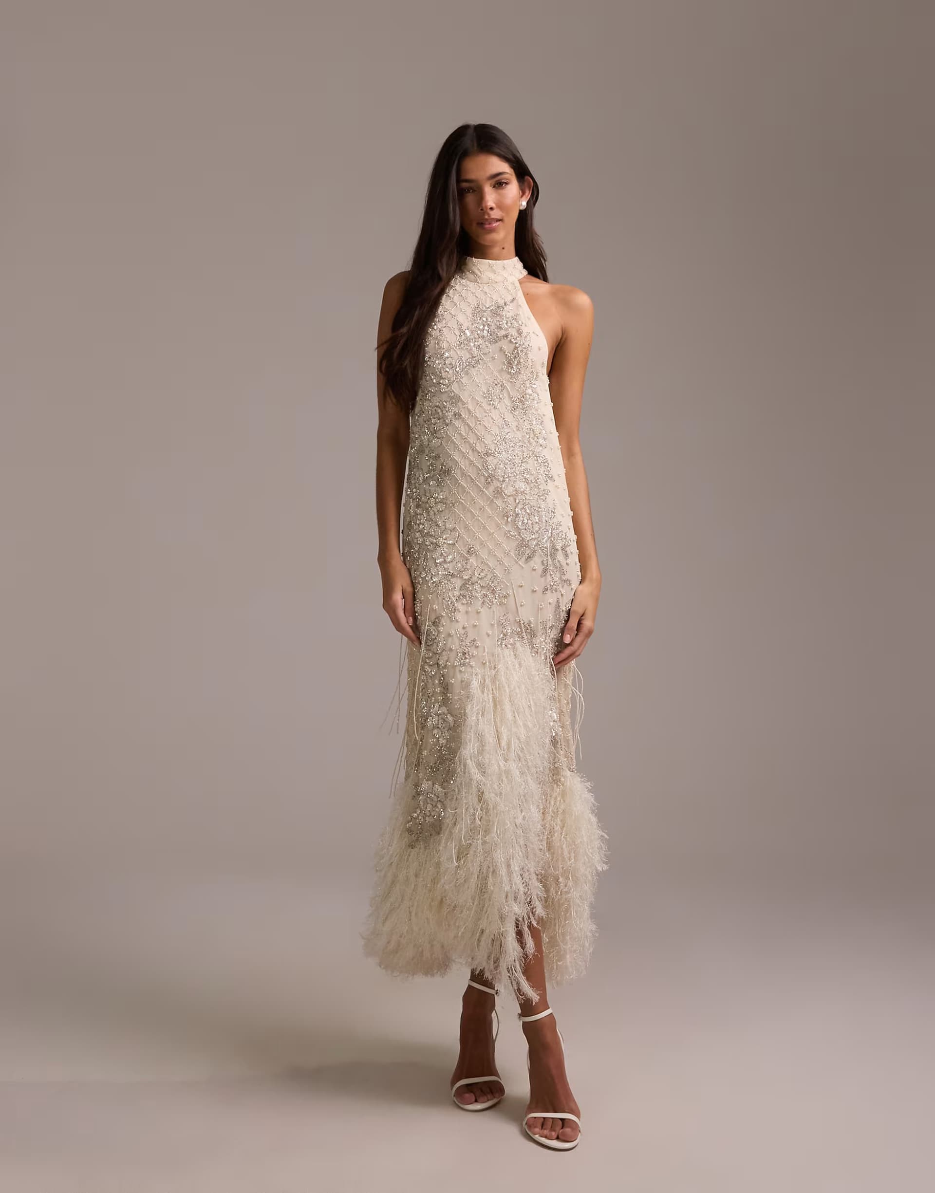 ASOS ASOS DESIGN floral embellished halter maxi wedding dress with fringe hem in ivory