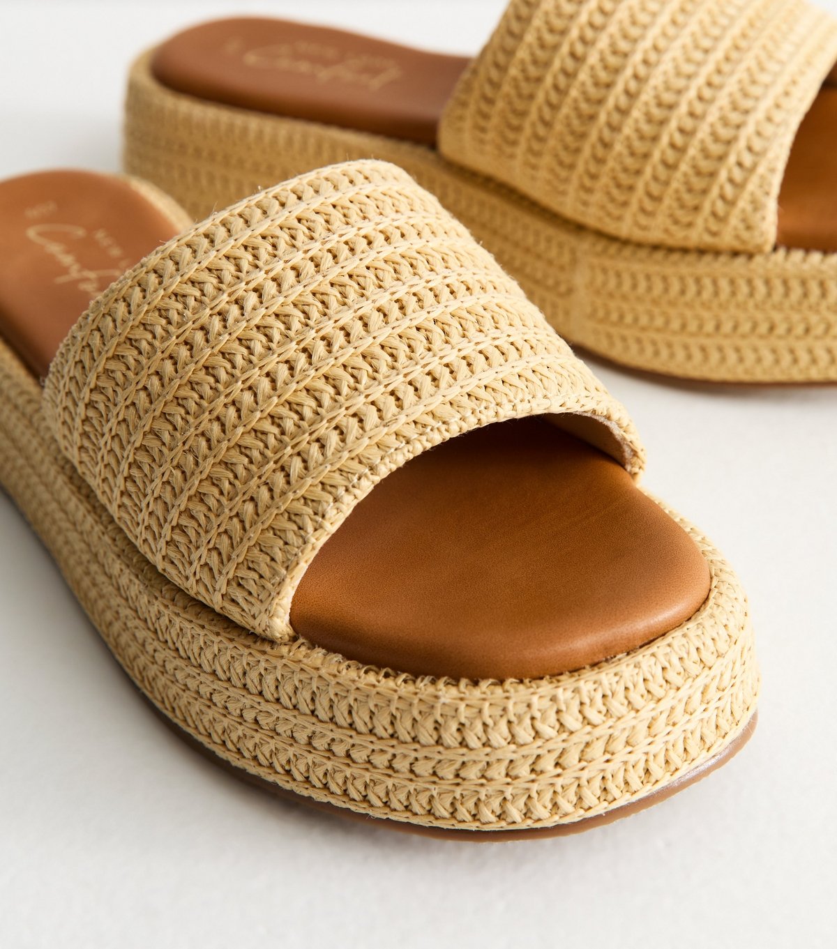 New Look Women's Cream Raffia And Faux Leather Platform Mules Vegan New Look - 3