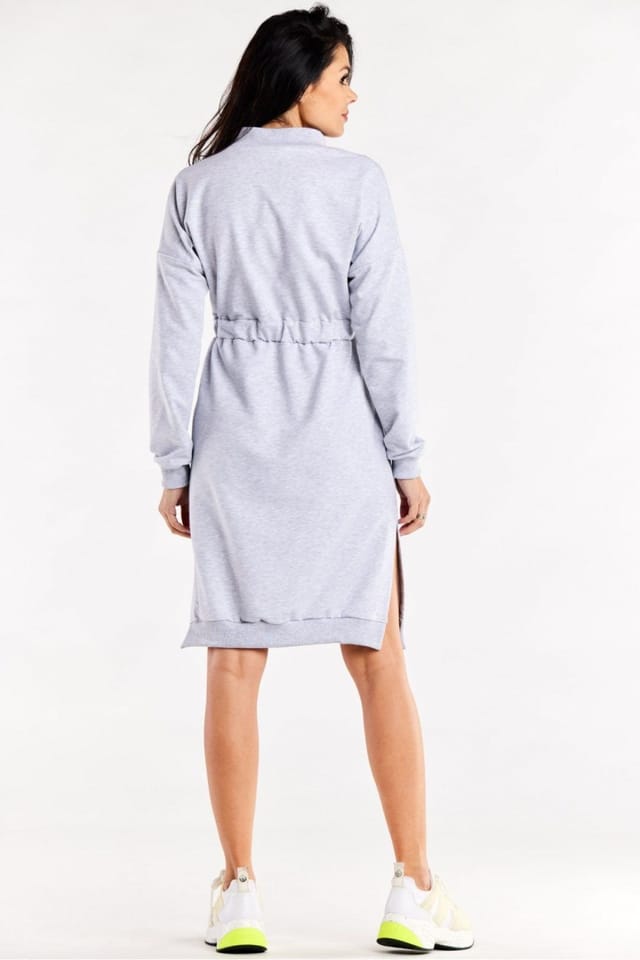 Love Lace Love Lace Women's Long Sleeve Side Slit Waist Elastic Dress in Grey - 3