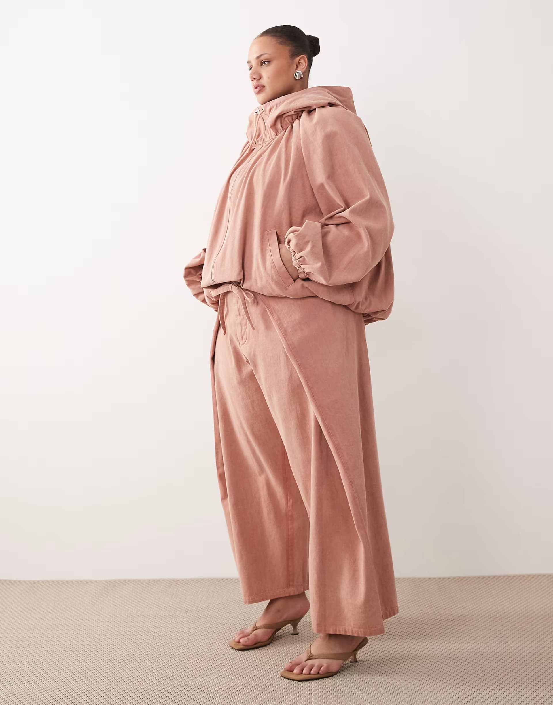 ASOS ARRANGE Curve drawcord volume sleeve jacket and tie front carrot jean co-ord in pink acid wash