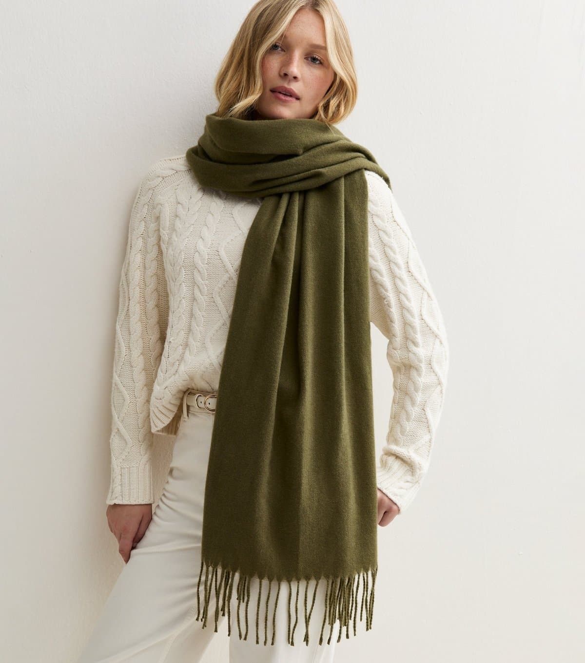 New Look Dark Khaki Classic Fringed Scarf New Look