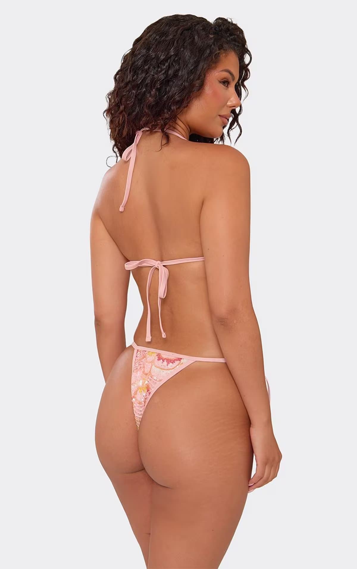 EGO Triangle Tie Side Bikini Set In Pink Floral Sequin, Women's Size UK 6