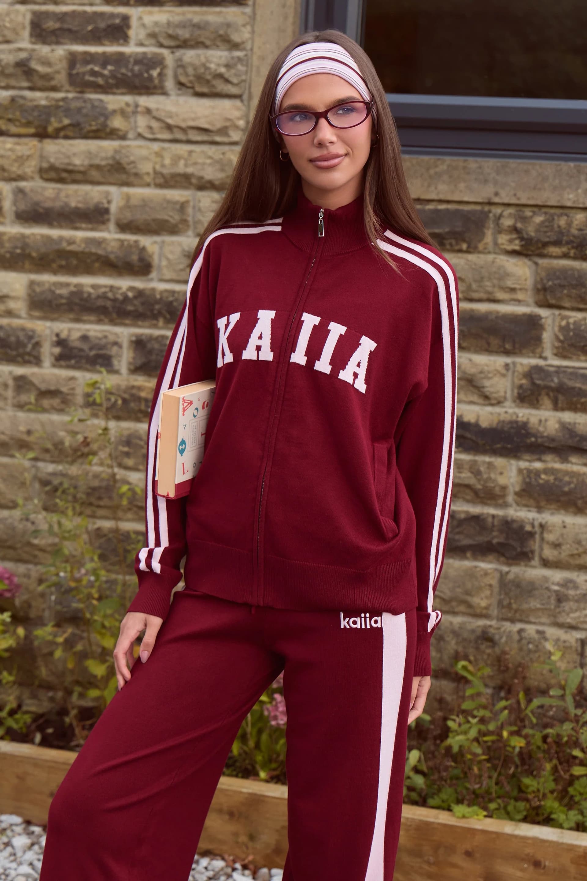 Kaiia Kaiia Lightweight Knit Sport Stripe Zip Through Sweatshirt Dark Cherry & Pink