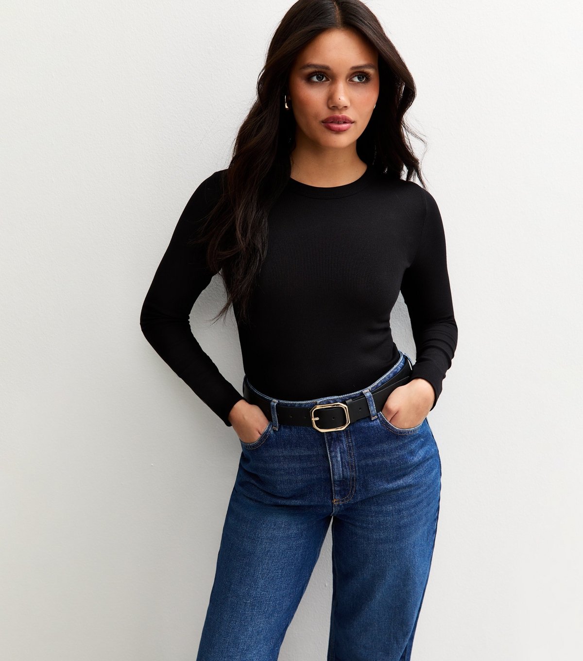 New Look Women's Black Long Sleeve Ribbed Crew Neck Top New Look - 2