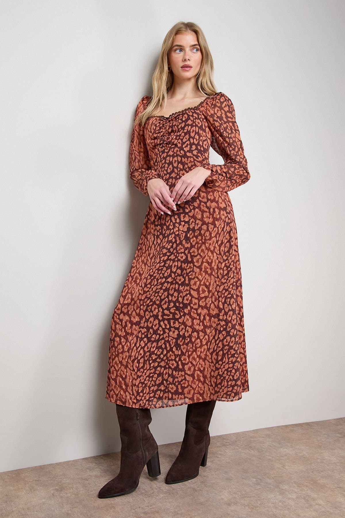 Oasis Oasis Women's Printed Chiffon Shoulder Detail Shirred Back Midi Dress in Animal