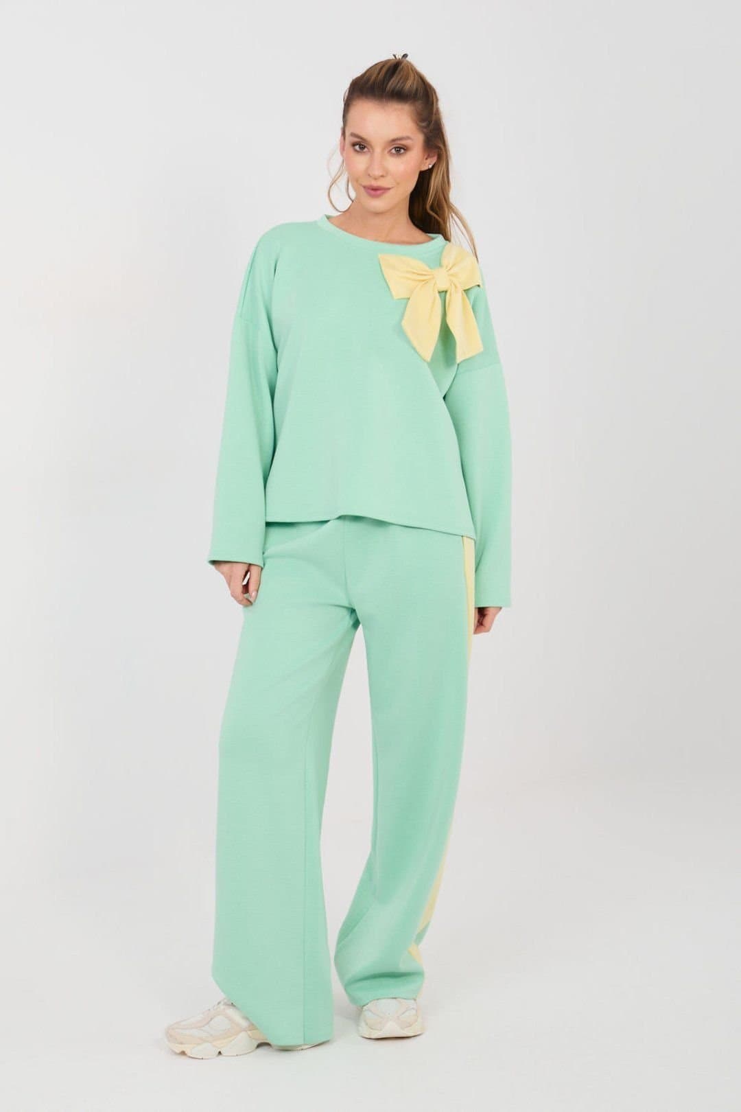 Love Lace Love Lace Green Bow Detail Casual Wide Leg Tracksuit Set
