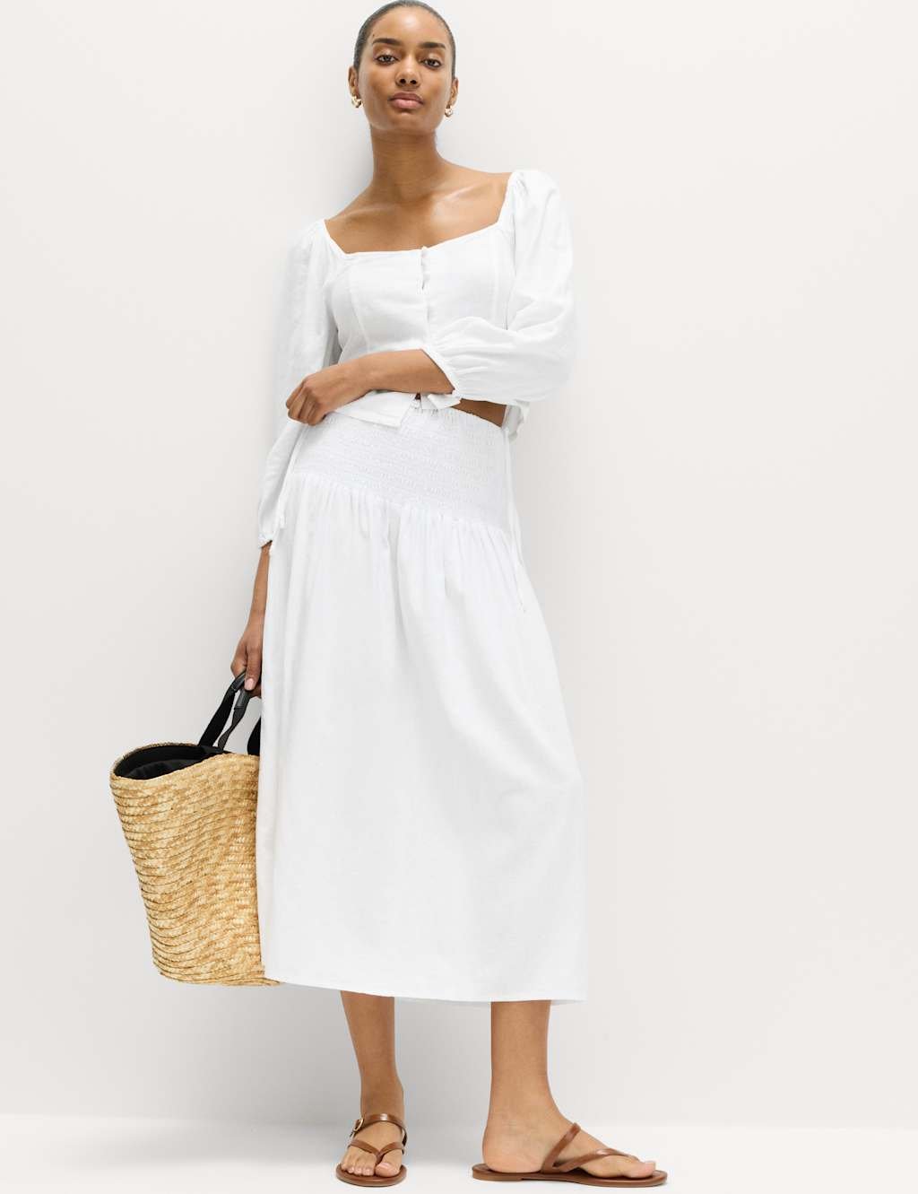 Marks & Spencer M&S Linen Rich Shirred Tie Detail Maxi Skirt White - 2