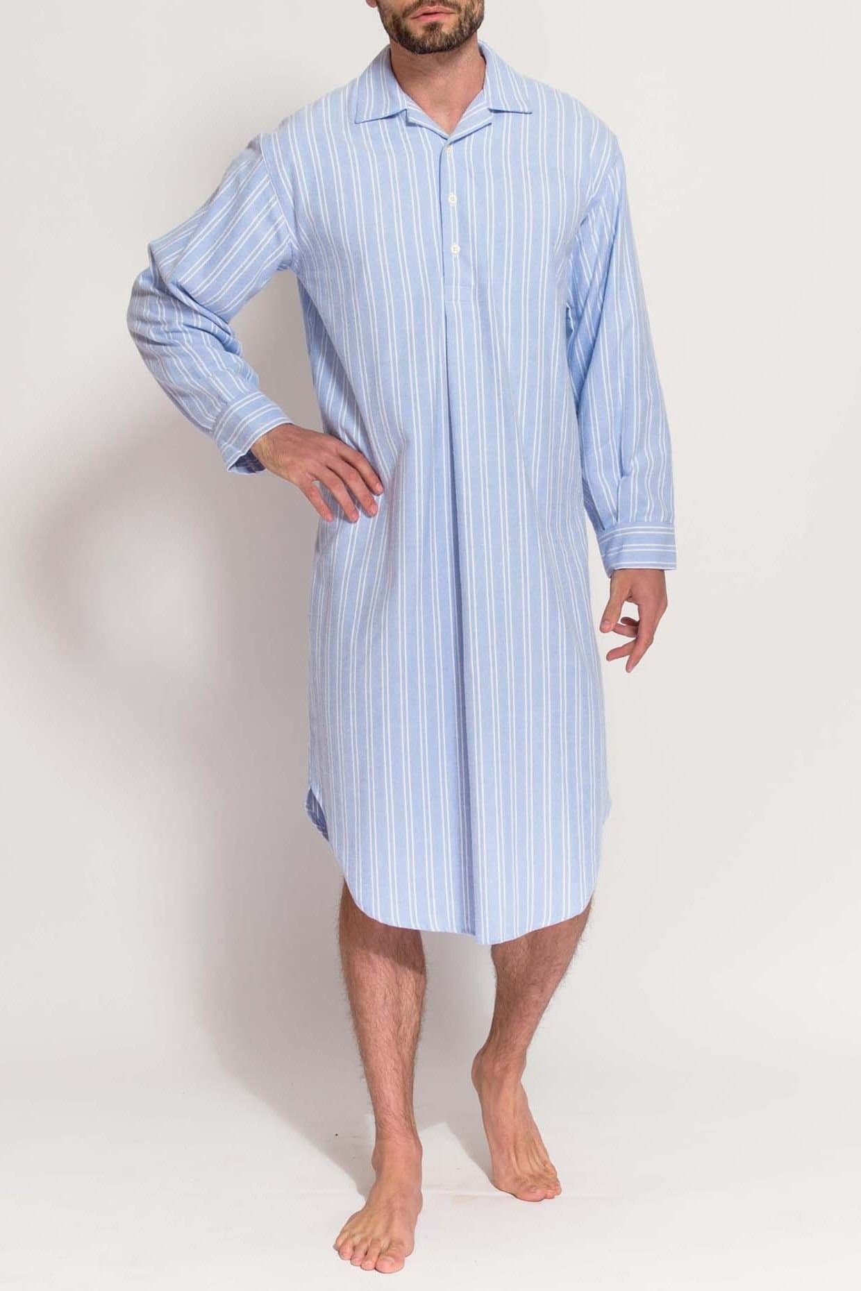 British Boxers British Boxers Men's "Westwood Blue" Stripe Brushed Cotton Nightshirt in Light Blue