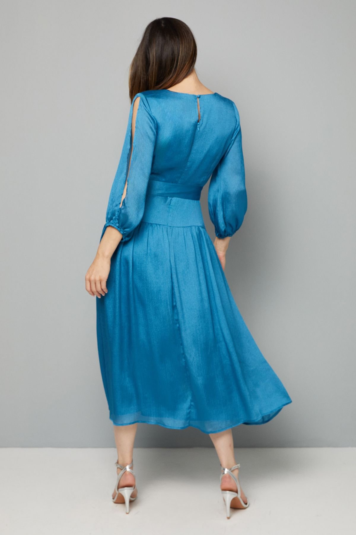 Wallis Wallis Women's Woven Shimmer Belted Wrap Midi Dress in Teal - 3