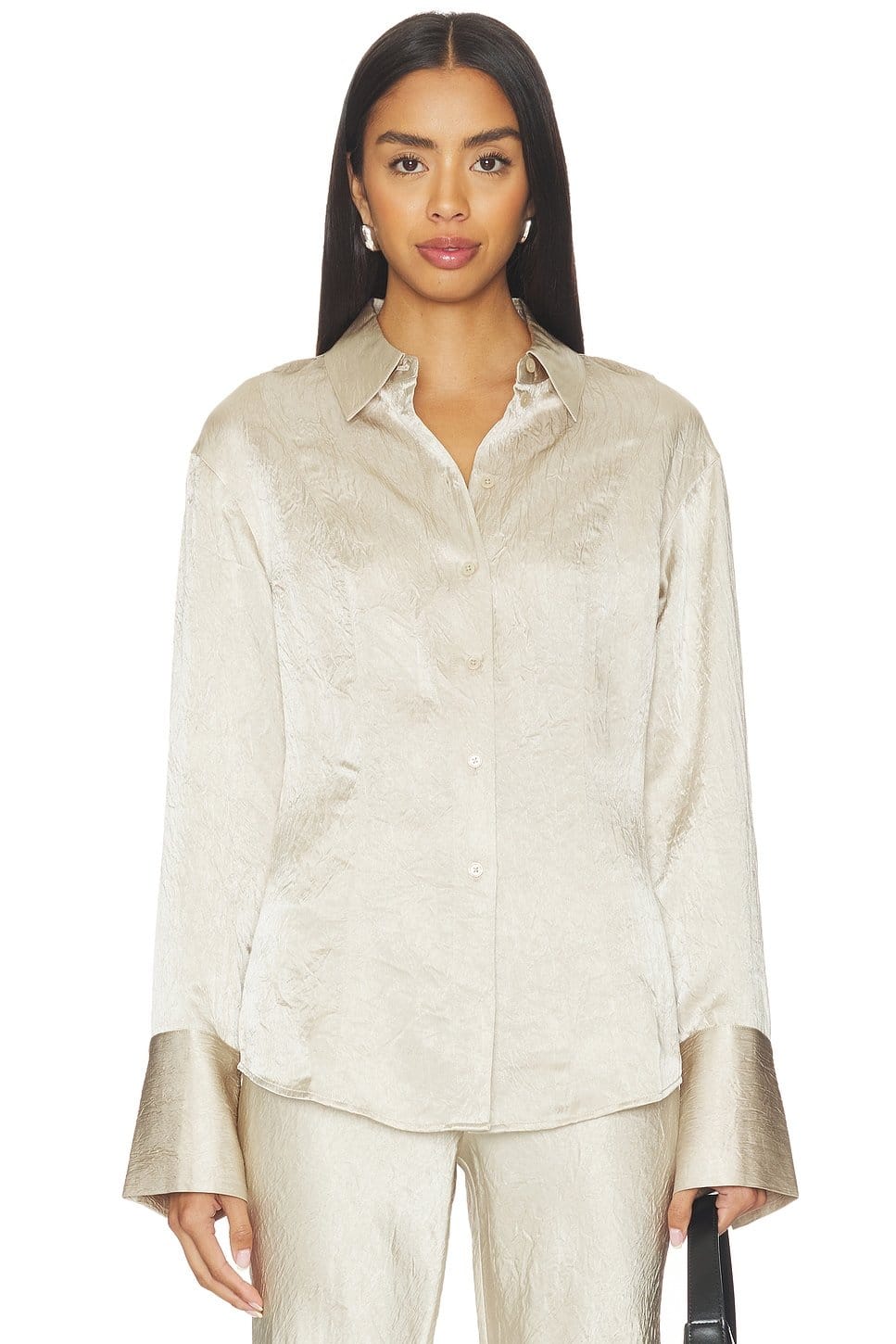 Revolve Silver Taupe Satin Slim Shirt