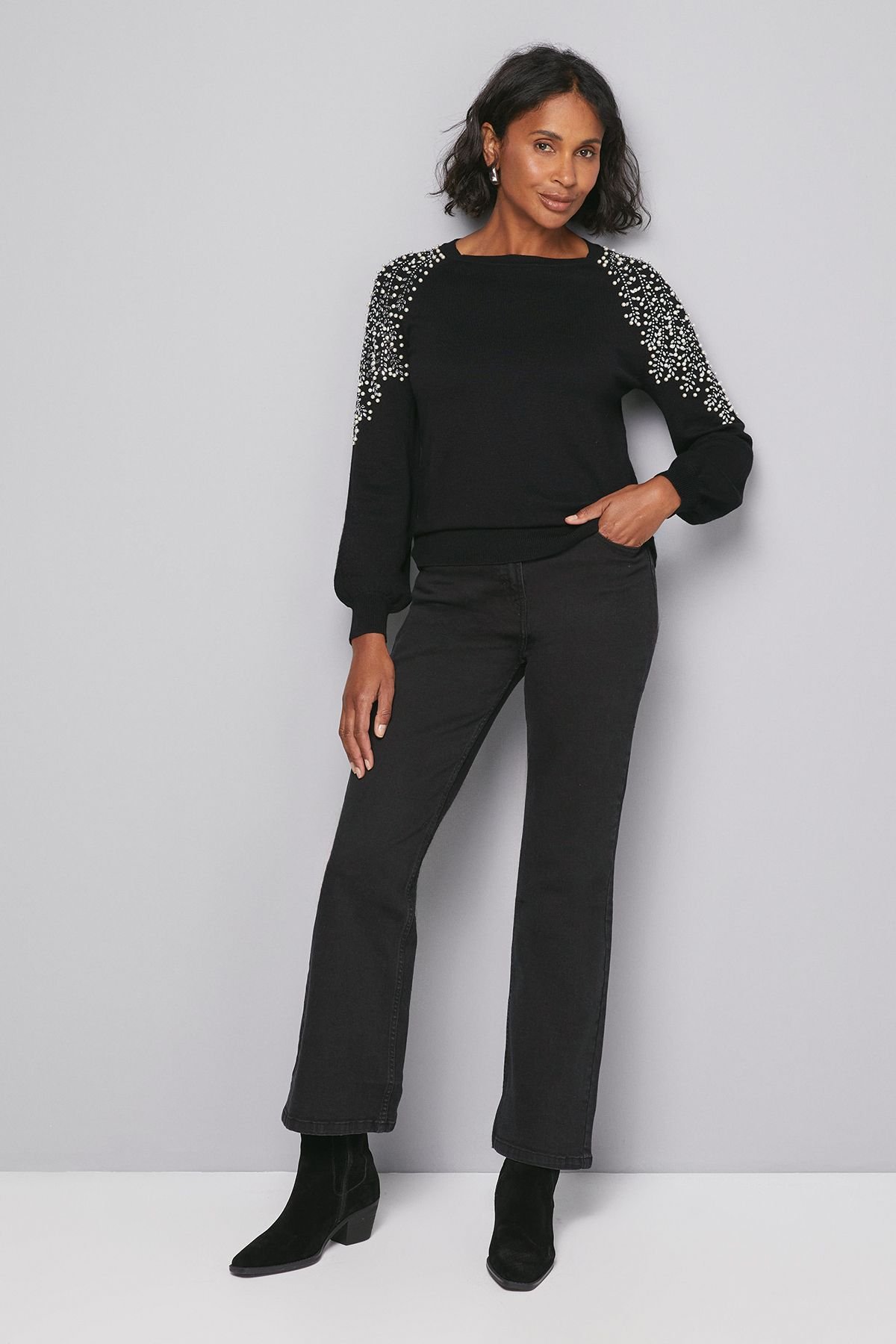 Wallis Wallis Women's Christmas Gold Embellished Shoulder Jumper in Black - 2