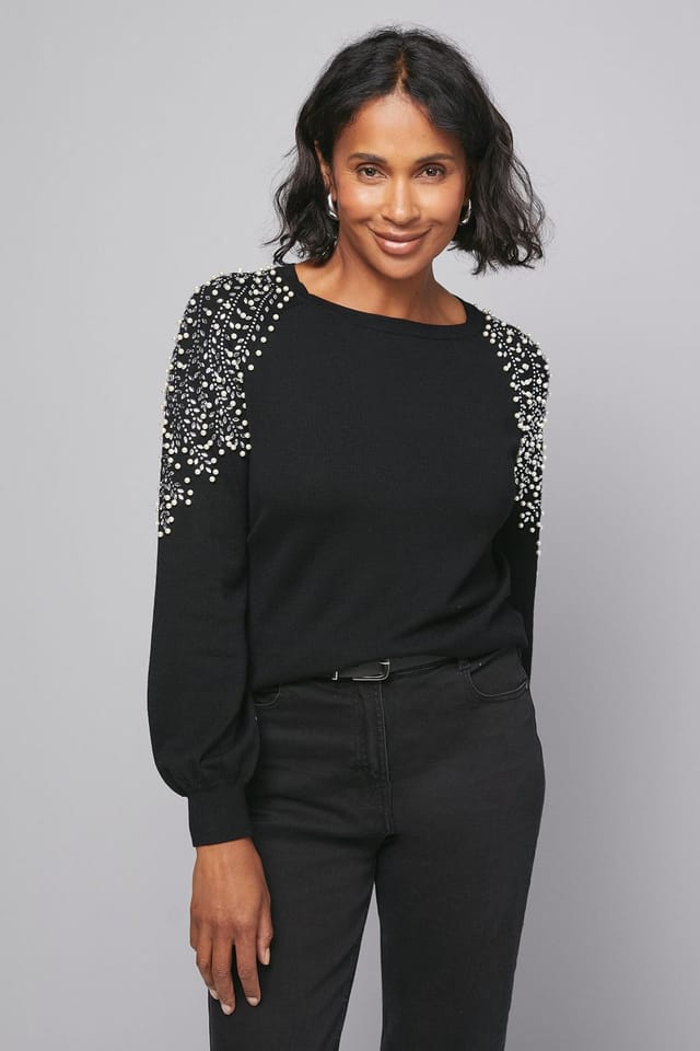Wallis Wallis Women's Christmas Gold Embellished Shoulder Jumper in Black - 2