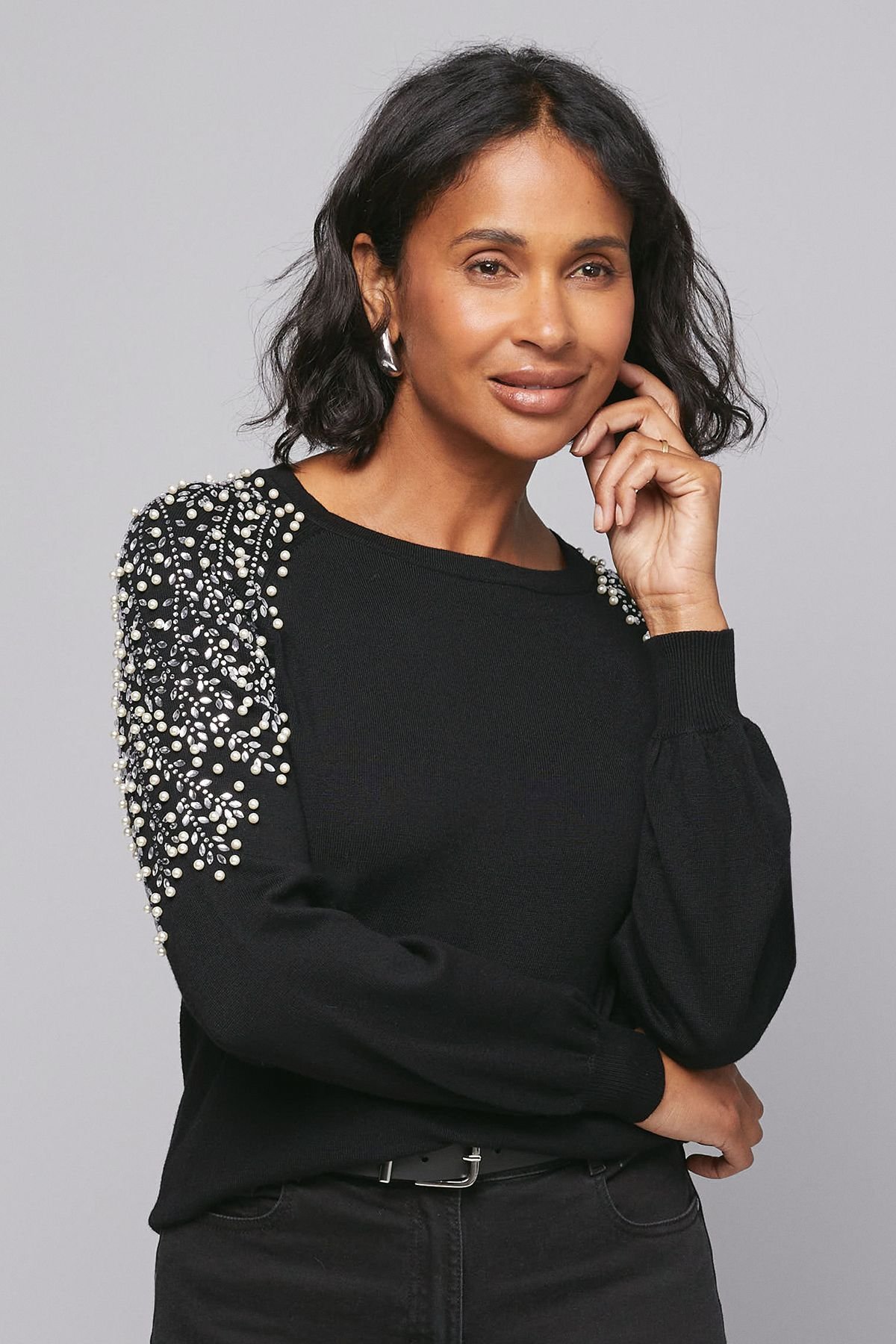 Wallis Wallis Women's Christmas Gold Embellished Shoulder Jumper in Black - 3