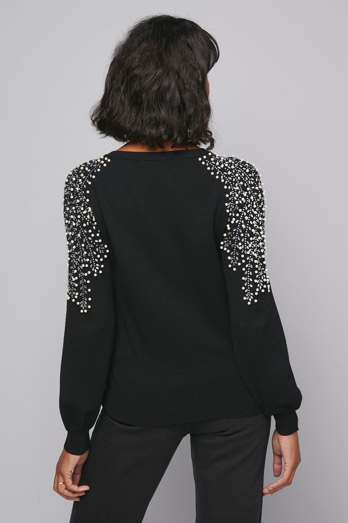 Wallis Wallis Women's Christmas Gold Embellished Shoulder Jumper in Black - 4