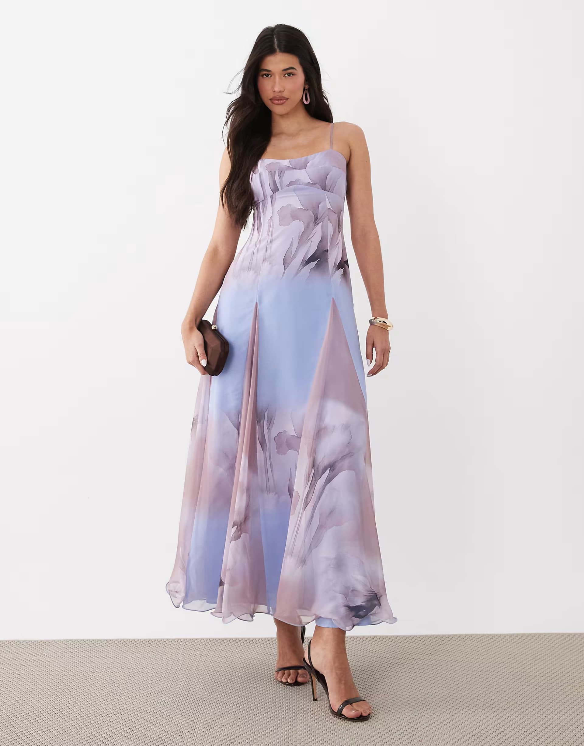 ASOS ASOS DESIGN chiffon strappy maxi dress with deep godets in lilac floral